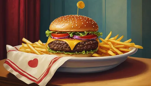 Imagine a juicy big hamburger served in a fancy restaurant with a side of golden fries.,cheeseburger,burger,burger and chips,hamburger,cheese burger,classic burger,big hamburger,burger emoticon,the bu