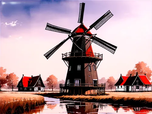 dutch windmill,the windmills,windmill,windmills,holland,wind mill,dutch landscape,the netherlands,dutch mill,historic windmill,wind mills,old windmill,dutch,netherlands,north holland,kinderdijk,edam,nederland,windmill gard,houses clipart,Illustration,Black and White,Black and White 34