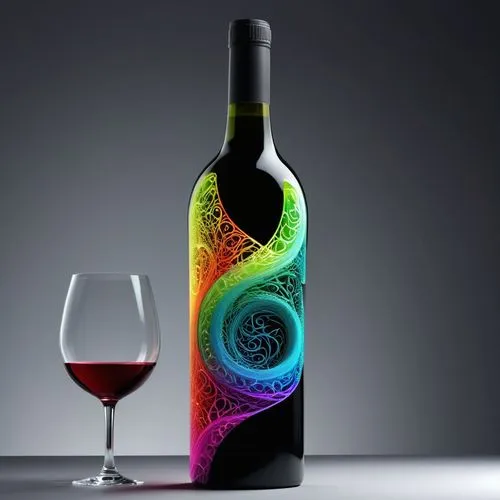 mixing spectral texture with generative shapes covered all the body of bottle , inspired by modern style, write S&D letters with creative fonts , adding asymmetry spiral motives ,wine bottle,a bottle 