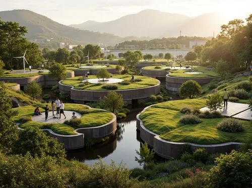 ecotopia,ecovillages,tulou,terraformed,ecovillage,futuristic landscape,golf resort,biopiracy,naboo,cube stilt houses,3d rendering,biomes,floating islands,render,hobbiton,feng shui golf course,terraforming,sake gardens,the golf valley,solar cell base