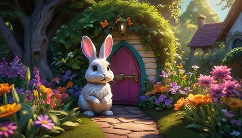 cartoon rabbit,fairy door,peter rabbit,bunny on flower,cartoon bunny,lapine,Photography,Artistic Photography,Artistic Photography 02