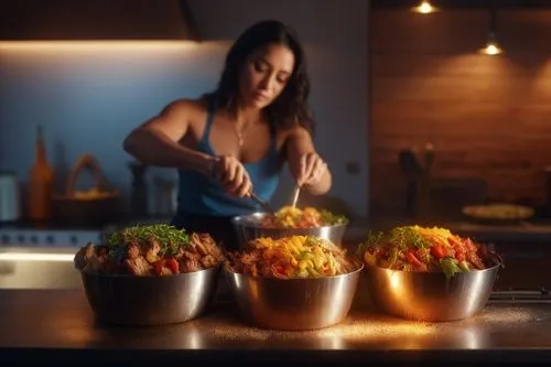 dark haired woman preparing food,woman in blue shirt preparing meal in three metal bowls,flower arranging,edible flowers,fruit bowls,flower bowl,copper cookware,floral arrangement,Photography,General,