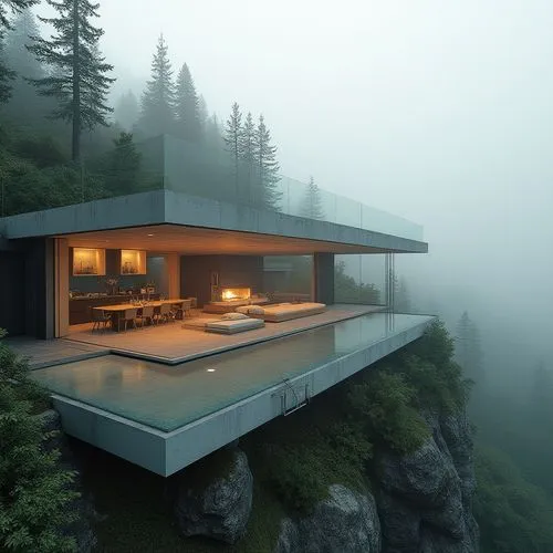 house in mountains,foggy landscape,forest house,cubic house,modern ház