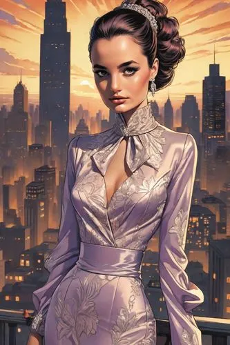 WOMAN MODEL, FASHION LIFESTYLE, 1970s,an artistic painting of a woman in a dress and necklace,liliana,padme,la violetta,cosmopolitan,duchesse,cheongsam,Digital Art,Comic