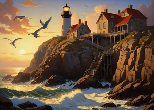 fantasy picture,house of the sea,hildebrandt,lighthouse,siggeir,lighthouses,kings landing,fisherman's house,coville,light house,fantasy art,fantasy landscape,cliffside,wieslaw,coastal landscape,donsky,windows wallpaper,dragonstone,nubble,world digital painting,Art,Classical Oil Painting,Classical Oil Painting 14