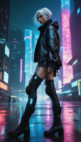 Cyberpunk cityscape, futuristic skyscraper, neon lights reflecting off wet pavement, AIA robot, 20 years old, android, silver hair, piercing blue eyes, white skin, slender figure, black leather jacket