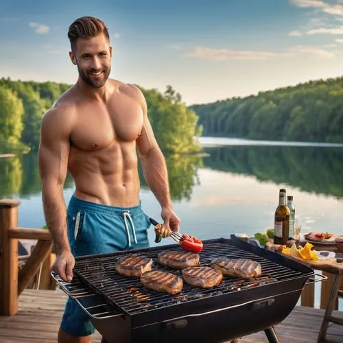 a handsome 30 year old gay man shirtless, grilling on deck overlooking a lake ,grilling,barbecuers,barbecue,grillparzer,barbecuing,grilled meats,barbecues,outdoor cooking,barbeque,barbecued,barbeques,