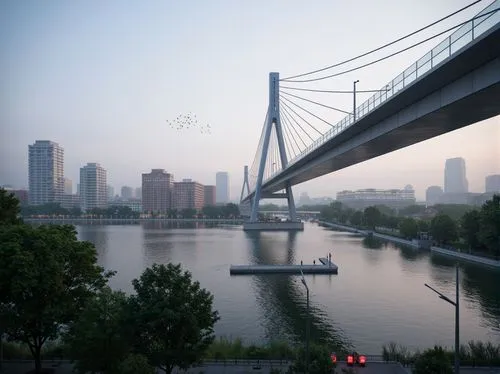 Sleek bridge structure, gleaming steel cables, transparent glass railings, minimalist piers, modern urban landscape, calm river waters, lush greenery, vibrant city lights, foggy morning atmosphere, so