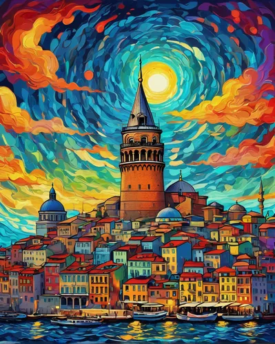 galata tower,galata,colorful city,istanbul,hagia sofia,istanbul city,constantinople,kadikoy,colorful background,pisa,ayasofya,venezia,art painting,splendid colors,cityscape,hallia venezia,turkey,italian painter,city skyline,kings landing,Illustration,Realistic Fantasy,Realistic Fantasy 39