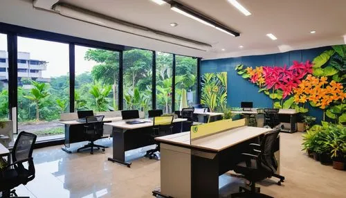 Bharti Vidyapeeth College of Architecture, Interior Design department, Navi Mumbai, modern building, sleek lines, glass façade, steel structure, lush greenery surrounding, tropical plants, vibrant flo