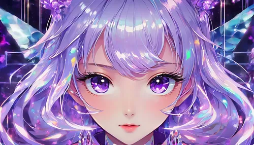 lavenu,ultraviolet,fairy galaxy,crystalize,aoba,luminous,lumi,crystalized,violet eyes,violet,galaxy,kunzite,aura,diamond background,violet head elf,nanami,hatata,libra,miriya,kanade,Illustration,Japanese style,Japanese Style 04