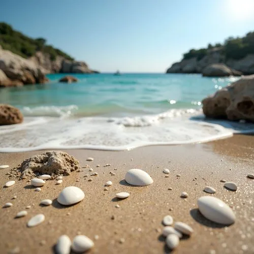 Warm sandy shores, crystal-clear turquoise waters, seashell fragments, driftwood textures, ocean breeze, sunny day, soft warm lighting, shallow depth of field, 3/4 composition, panoramic view, realist