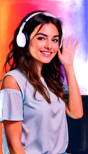 youtube creator, free content, colorful background, modern laptop, trendy headphones, relaxed posture, casual clothing, messy hair, smiling face, natural makeup, dim lighting, shallow depth of field, 