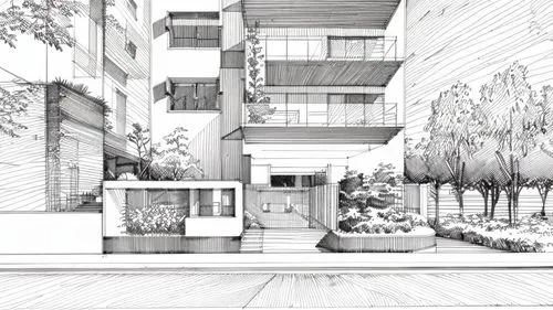 drawing of a residential building with plants on the corner,sketchup,revit,residencial,habitaciones,3d rendering,renderings,Design Sketch,Design Sketch,Hand-drawn Line Art