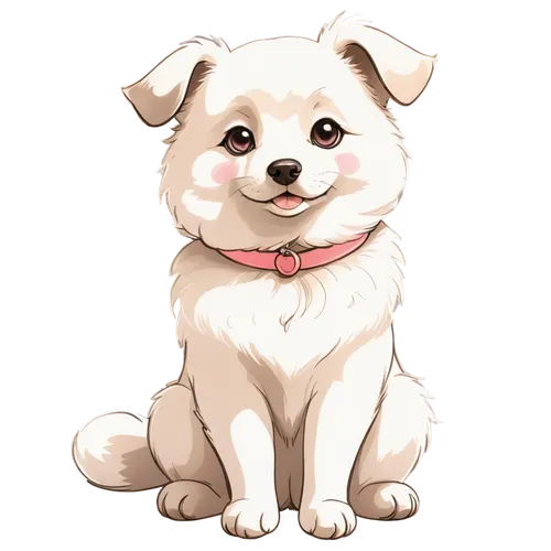 Cute dog, clip art style, white fur, big round eyes, pink nose, floppy ears, sitting posture, front legs crossed, fluffy tail, colorful collar with bell, cartoonish shading, soft lighting, pastel colo