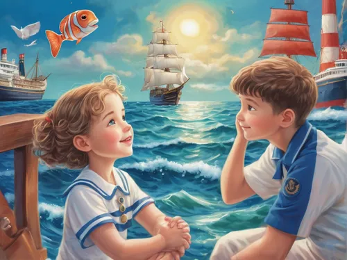 nautical children,sailors,seafaring,sailing ship,vintage boy and girl,sailing ships,sea sailing ship,oil painting on canvas,sailing boats,sea fantasy,art painting,children's background,maritime,seafarer,cd cover,young couple,kids illustration,little boy and girl,sailboats,ships,Illustration,Realistic Fantasy,Realistic Fantasy 19