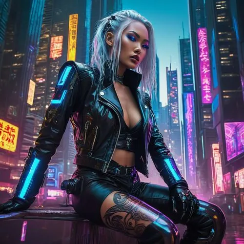 Cyberpunk cityscape, neon lights reflecting off sleek skyscrapers, futuristic AI robots, holographic advertisements, metallic bodies, glowing blue eyes, long silver hair, intricate circuitry tattoos, 