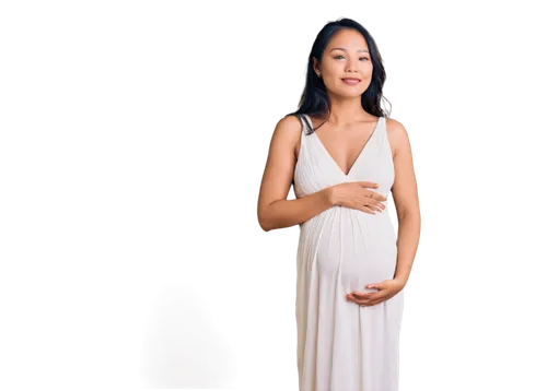 Asian, pregnant woman, bare belly, soft gentle curves, golden undertone skin, delicate fingers cradling belly, white flowing maternity dress, loose hair, calm serene expression, subtle smile, warm nat