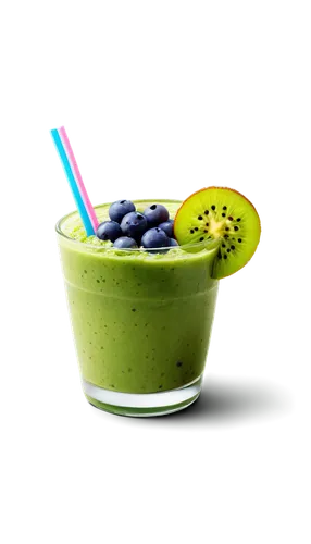 colorful smoothie, transparent glass, thick straw, frozen fruit chunks, creamy texture, ripe banana slices, green kiwi seeds, blueberry toppings, sparkling ice cubes, morning sunlight, shallow depth o