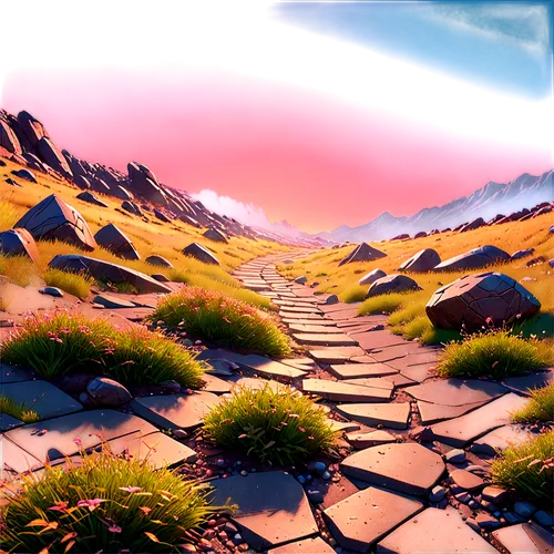 virtual landscape,pathway,futuristic landscape,dune landscape,zigzag background,pink grass,flowerful desert,road of the impossible,the mystical path,winding road,desert landscape,sand paths,road to nowhere,salt meadow landscape,fractal environment,desert desert landscape,terraforming,shifting dunes,trails,arid landscape,Conceptual Art,Sci-Fi,Sci-Fi 27