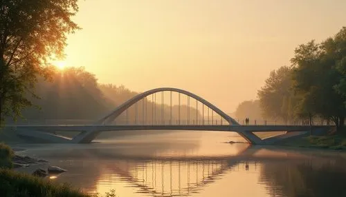 Modern minimalist bridge, sleek steel arches, simplicity emphasized, reduced material usage, environmentally friendly, riverside, sunset time, golden light reflecting off calm water, lush greenery sur