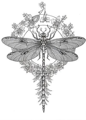 a dragon is standing on top of a flower,caduceus,lacewings,dioica,sesiidae,registerfly,lacewing,botanical line art,libellula,spinnerets,diadegma,helcogramma,myrmicinae,medfly,winged insect,chrysothemi