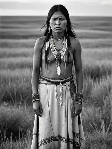 Black and white photo: Young North American Indian squaw crying in a prairie landscape. Tears flowing in streams. Clothes with uncovered breasts.,a woman in native clothing stands near tall grass,shos