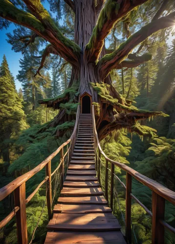 giant ark redwood tree, wooden base structure, treehouse, rustic texture, moss-covered bark, lush green foliage, forest environment, dinosaurs roaming, prehistoric setting, warm sunlight filtering thr