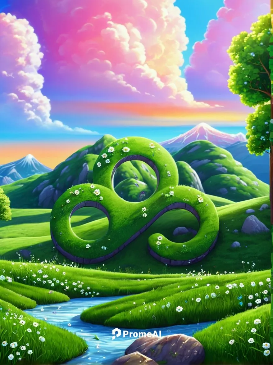 no humans, outdoors, flower, scenery, grass, tree, sky, day, cloud, blue sky, rock, water, white flower, nature, artist name, mountain,cartoon video game background,mushroom landscape,landscape backgr