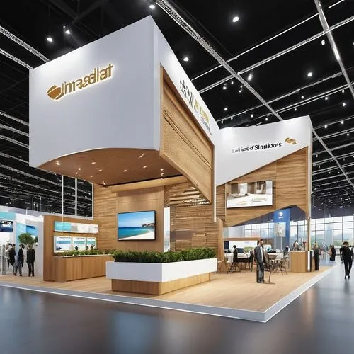 design a tradeshow booth size 9mx6m, 3 side open, with a modern concept. Slanting to attract visitor ,weyerhaeuser,property exhibition,europort,winbond,worldport,sales booth,bilfinger,fitur,photokina,