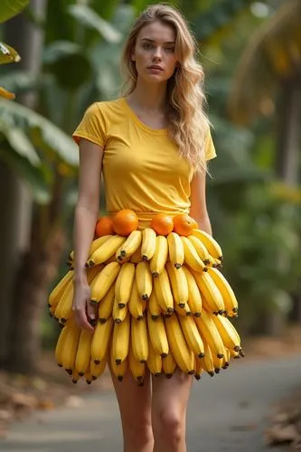 женщина в юбке сделанной из бананов и майка из апельсинов,the woman is dressed in a dress made from bananas,bananarama,banane,banana,banan,bananafish,nanas,banani,ananas,fyffes,sunndi,banana tree,monk