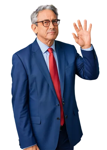 Famous political leader, solo, charismatic facial expression, wrinkles on forehead, gray hair, glasses, suit and tie, standing with hands behind back, confident posture, realistic, high-contrast light