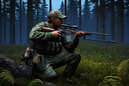 hunter with rifle, various calibers, scoped, camouflage outfit, stalking, deer, bear, moose, fox, rabbit, duck, silent, forest, grassland, mountainous terrain, dusk, dawn, natural light, clear weather