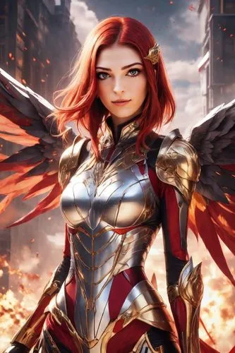 Realistic photo of a model with bold, dramatic makeup, smoky eyes, and red lips.,the cover of the new york comic movie, wonder wonder,uniphoenix,katarina,zauriel,fire angel,huiraatira,lalazarian,Digit