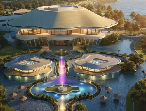 Same  design but in the night with great artificial rainbow colors,an aerial view of a fountain surrounded by buildings,skylon,ordos,futuristic architecture,futuristic art museum,diamond lagoon,naboo,