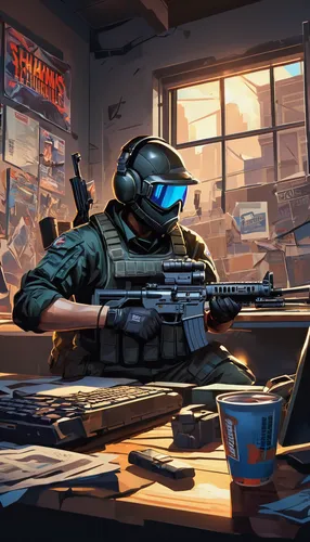 gunsmith,game illustration,freelancer,sci fiction illustration,scrap dealer,drone operator,vendor,classified,game art,workbench,cyberpunk,operator,working space,cyber,desk top,mute,cyber crime,fuze,background image,bandit theft,Art,Artistic Painting,Artistic Painting 45