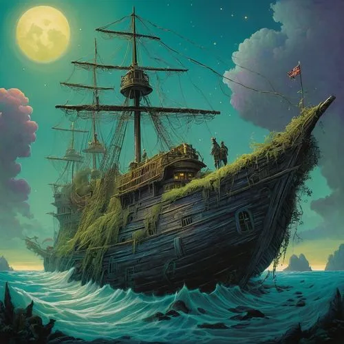 galleon,sea fantasy,pirate ship,sailing ship,ghost ship,sea sailing ship,Illustration,Realistic Fantasy,Realistic Fantasy 05