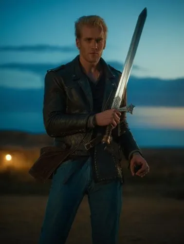 a man in a leather jacket holds a sword, blond-withe hair, blue eyes ,an attractive man with sword standing in the middle of a field,baumhauer,lindhardt,rhydian,hauer,brandybuck,uther,Photography,Gene