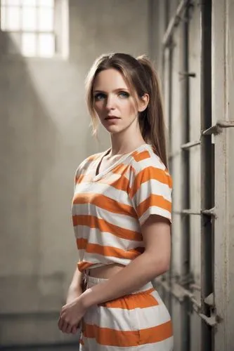 prisoner,drug rehabilitation,prison,handcuffed,offenses,olallieberry,in custody,girl in t-shirt,liberty cotton,lori,women clothes,criminal,women's clothing,isolated t-shirt,policewoman,horizontal stripes,farro,captivity,common law,orange,Photography,Natural