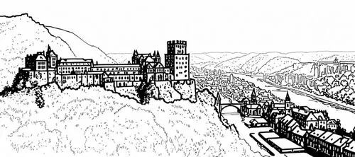 line drawing of heidelberg castle from the side showing the city 
,a castle and some hills in the middle,tirith,khutor,gondolin,mountain settlement,riftwar,medieval town,Design Sketch,Design Sketch,Ro