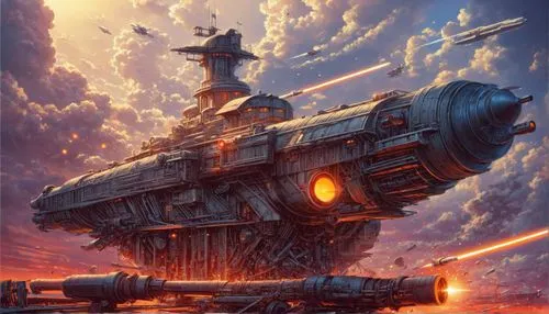 BIG GUNS,an artist has painted a futuristic city in the middle of nowhere,battlecruisers,battlefleet,dreadnought,dreadnaught,battlecruiser,carrack,Illustration,American Style,American Style 02