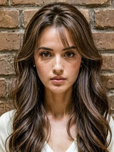 a woman with a strict hairstyle and freckles stands in front of a brick wall,a woman with long brown hair posing against a brick wall,tamanna,alia,pallisa,pakistani,manohara,mastronardi