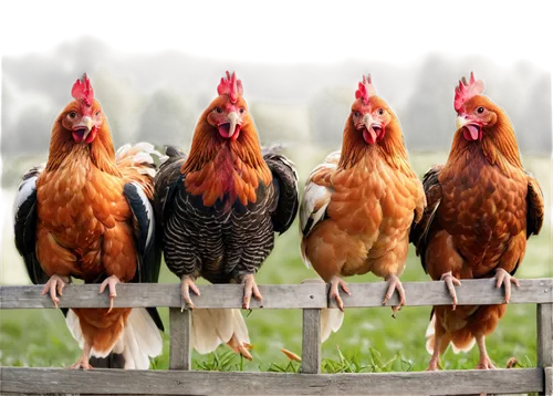 farm hens, multiple, different breeds, feathers in various colors, wings spread, beaks open, eyes closed, happy expressions, farm setting, rustic wooden fence, green grass, sunny day, warm light, shal