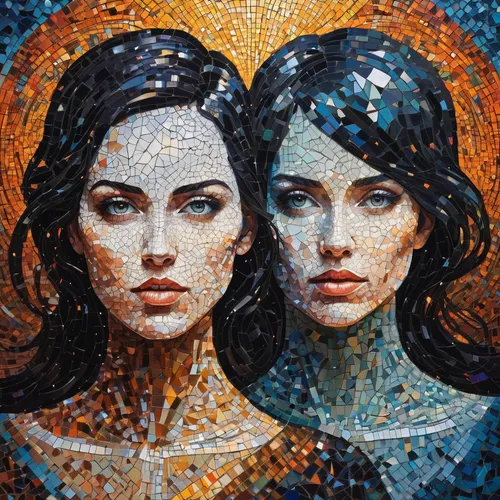 gemini,two girls,boho art,zodiac sign gemini,sirens,oil painting on canvas,cluster-lilies,angels,mary-gold,sisters,virgo,virgos,gold foil art,mirror of souls,the stars,artists of stars,gothic portrait,aquarius,duo,young women,Illustration,Realistic Fantasy,Realistic Fantasy 36