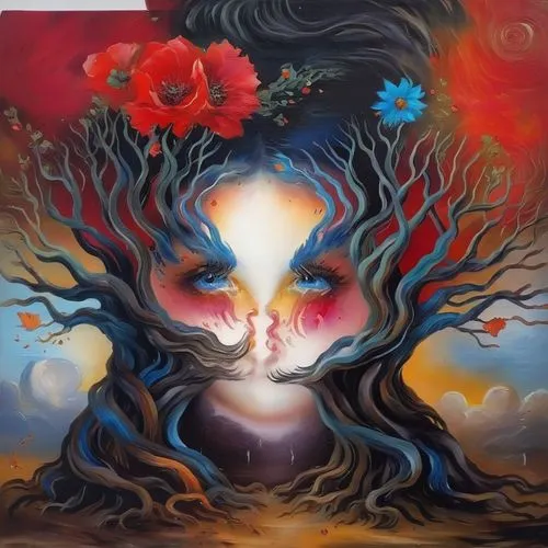 mother earth,pomegranate,girl with tree,flora,mother nature,flower painting,passion bloom,oil painting on canvas,girl in flowers,way of the roses,fantasy art,kahila garland-lily,blossoming apple tree,