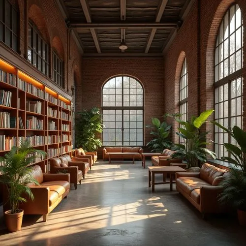 Brick material, library design, modern architecture, calm atmosphere, warm interior lighting, wooden shelves, leather sofas, green plants, quiet reading areas, large windows, natural light, urban city