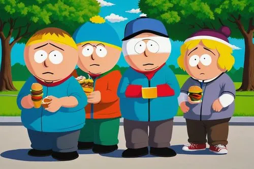 Cartman, Kyle, Stan, Kenny, or Butters from South Park, cartoonish style, bright colors, exaggerated facial expressions, casual clothing, sneakers, jeans, T-shirts, hoodies, hats, accessories like gla