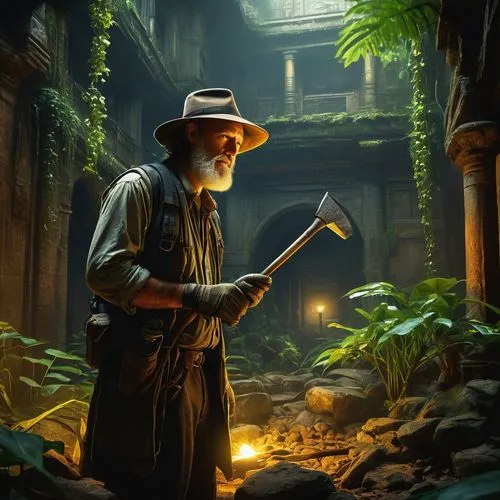 1. Ancient ruin excavation, archaeologist, middle-aged man, beard, worn fedora, dusty clothing, old gloves, magnifying glass, pickaxe, shovel, sunken temple, jungle environment, vines covering structu