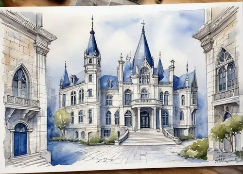 fairy tale castle,gondolin,watercolor paris,delft,delftware,fairytale castle,watercolor paris balcony,peles castle,castle of the corvin,castelul peles,thingol,watercolor painting,chateau,seregil,watercolor,palaces,citadels,chateaux,fairy tale castle sigmaringen,driehaus,Illustration,Paper based,Paper Based 24