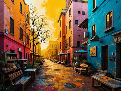 colorful city,old linden alley,alley,martre,row houses,esquina,burano,birch alley,montmartre,alleyway,pittura,world digital painting,row of houses,colori,art painting,passyunk,barrio,saturated colors,rua,pink city